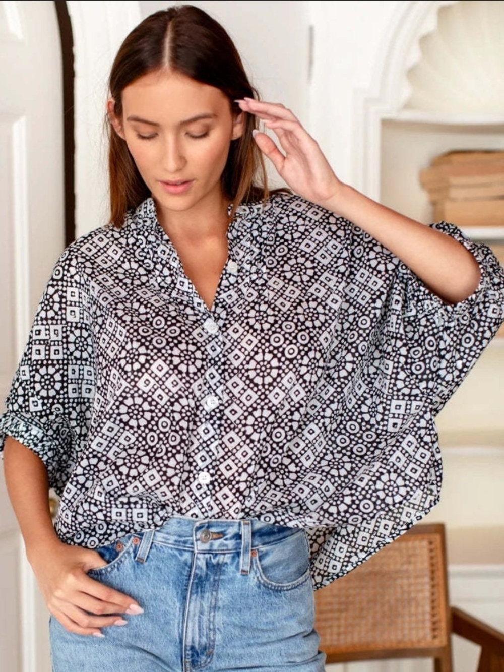 Emerson Fry Black and White Geometric Button-Front Top
